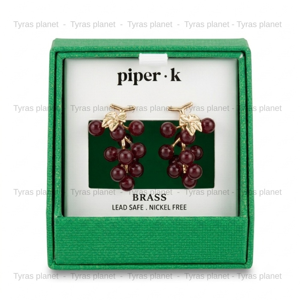 Piper K Grape Cluster‎ Earrings Red Beaded Brass Leaf Gold Tone Studs